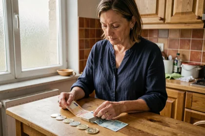 Femme consultant des billets en euros et des pièces de franc suisse sur une table de cuisine, réfléchissant à la valeur de 400 francs convertis en euros