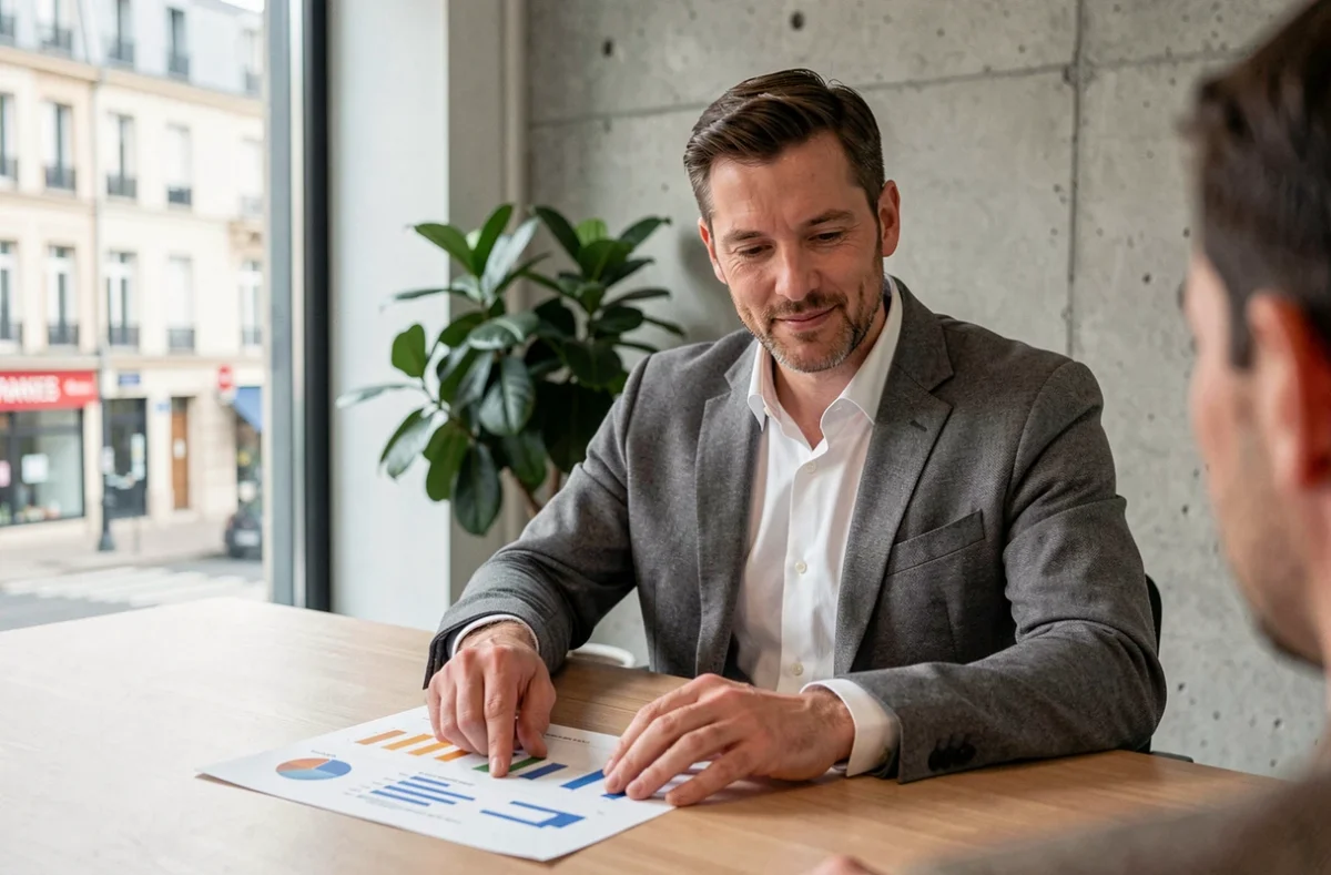 Conseiller d'AB Courtage Nantes présentant une simulation de prêt immobilier à un client