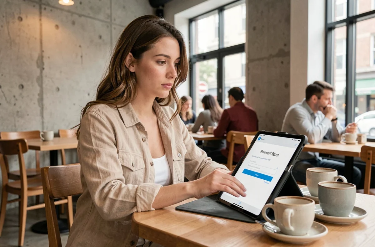 Jeune femme accédant à son espace Nickel sur tablette dans un café pour retrouver ses identifiants