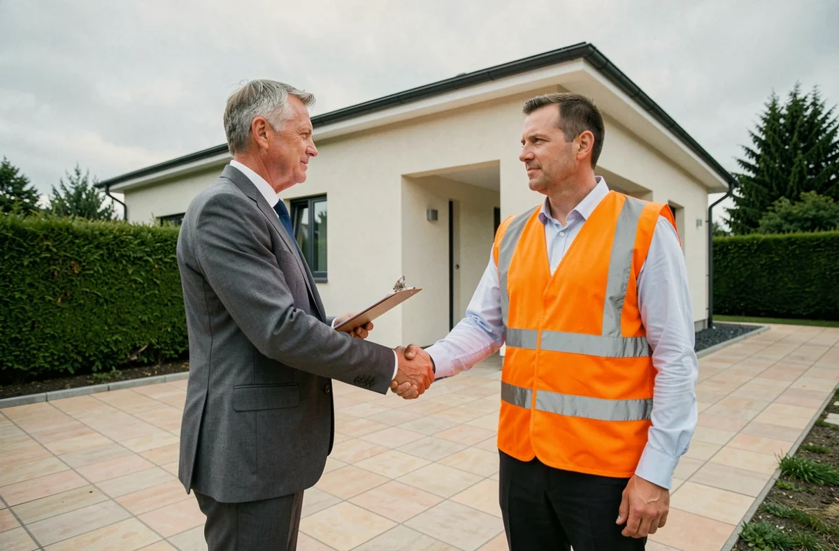 Deux professionnels du bâtiment se serrant la main devant une maison rénovée, symbolisant un accord sur la responsabilité décennale