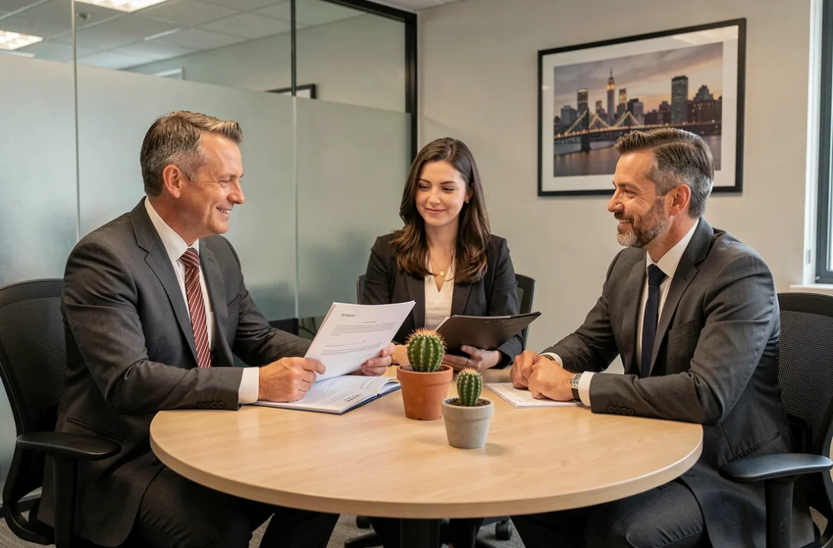 Conseiller d'Acte 2 Financement accompagnant un couple lors de la signature d'un dossier de prêt