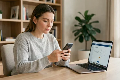 Femme activant l'authentification forte LCL sur son smartphone depuis son bureau à domicile