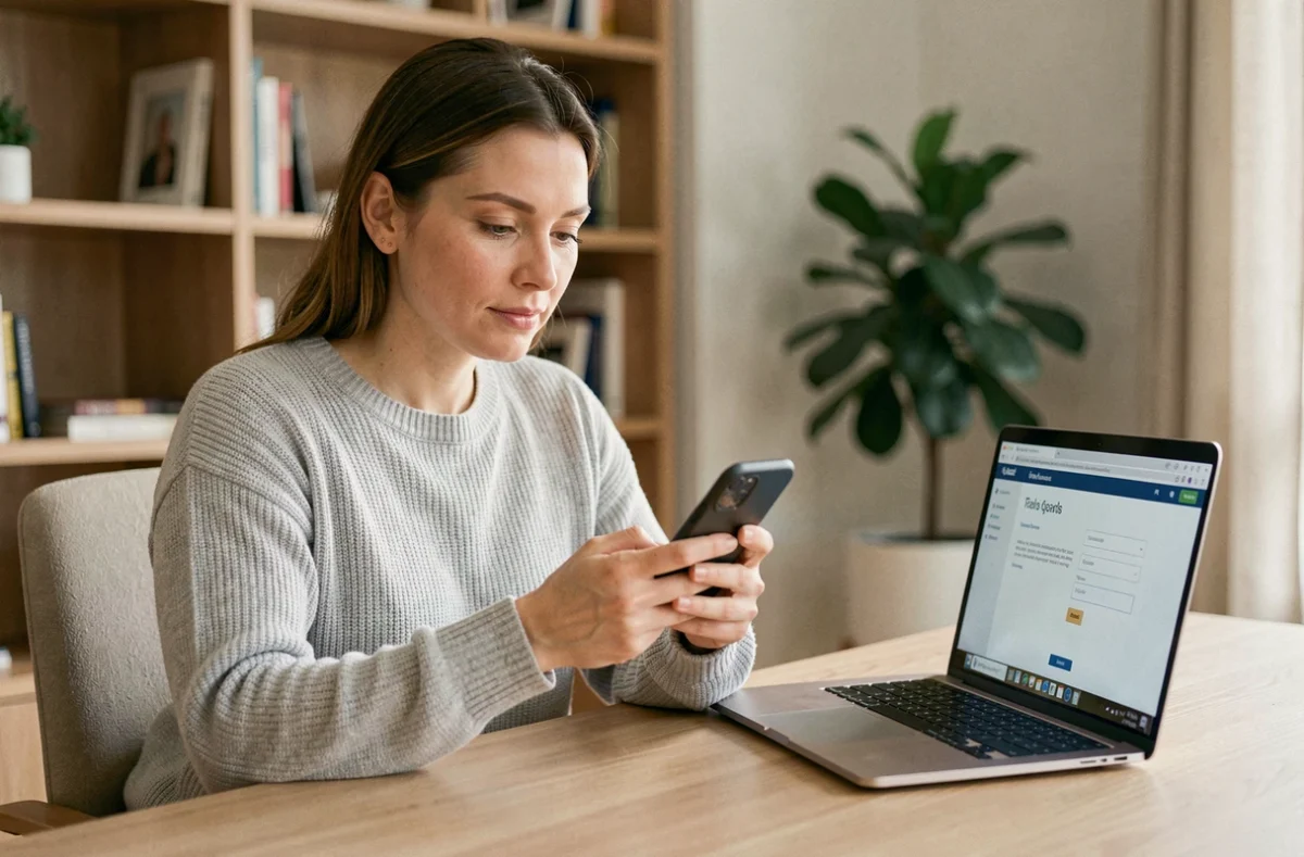 Femme activant l'authentification forte LCL sur son smartphone depuis son bureau à domicile