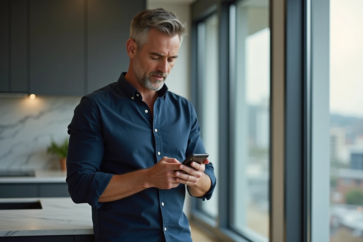 Homme activant les notifications de son application bancaire mobile Crédit Agricole Centre Loire dans une cuisine moderne