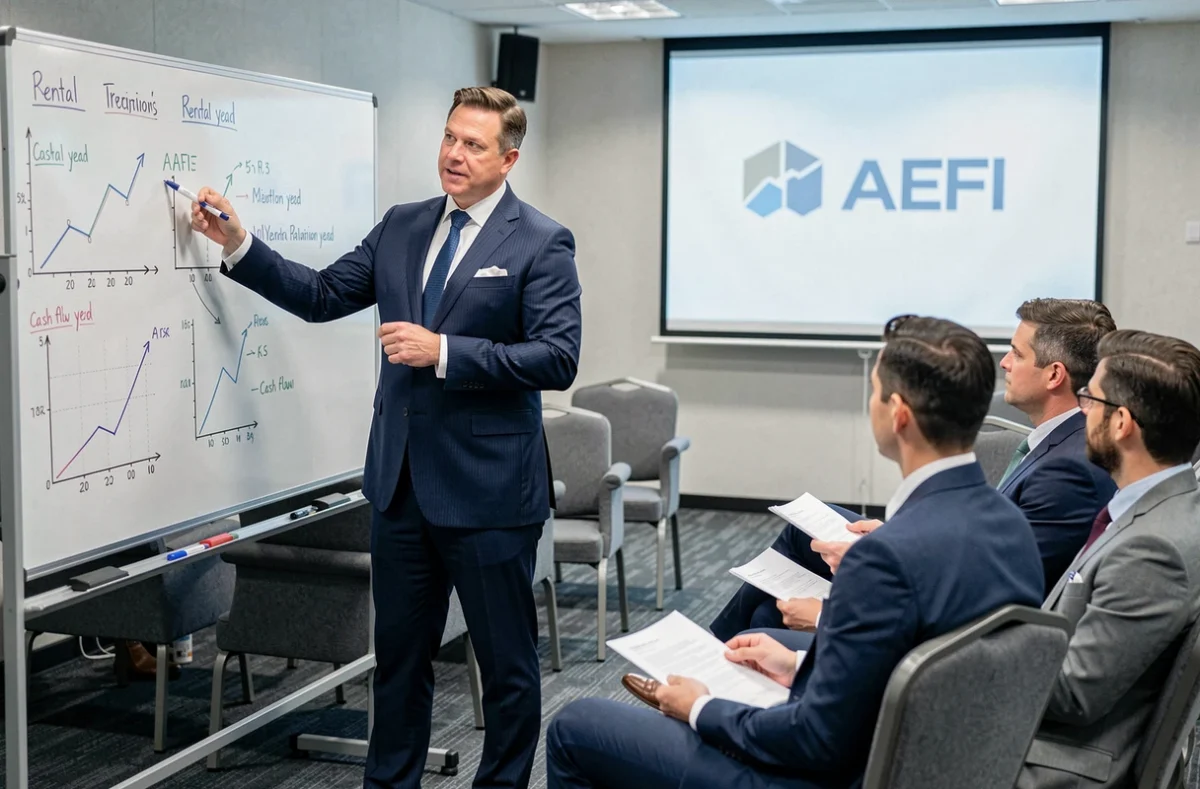 Expert AEFI animant une session de conseil en investissement locatif devant un groupe d'investisseurs