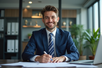 Agent d'assurance professionnel en réunion dans un bureau moderne