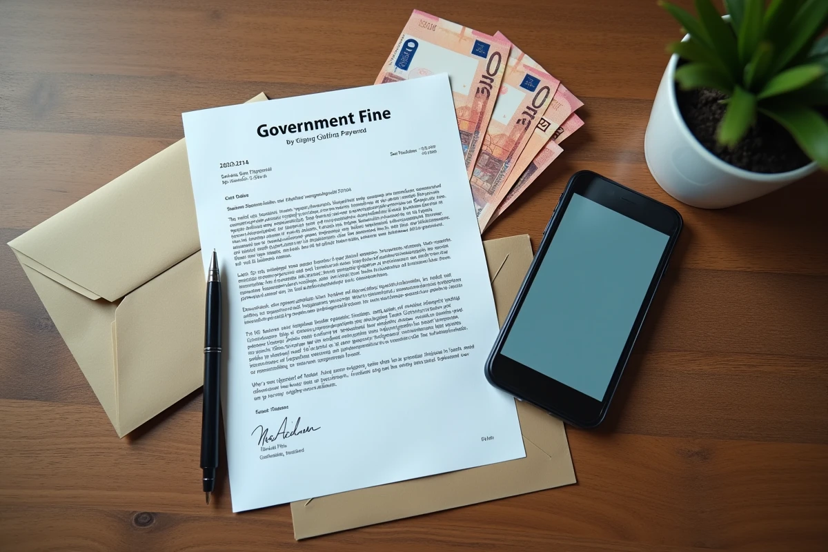 Documents d'amende pécuniaire, billets en euros et smartphone avec application bancaire sur une table en bois