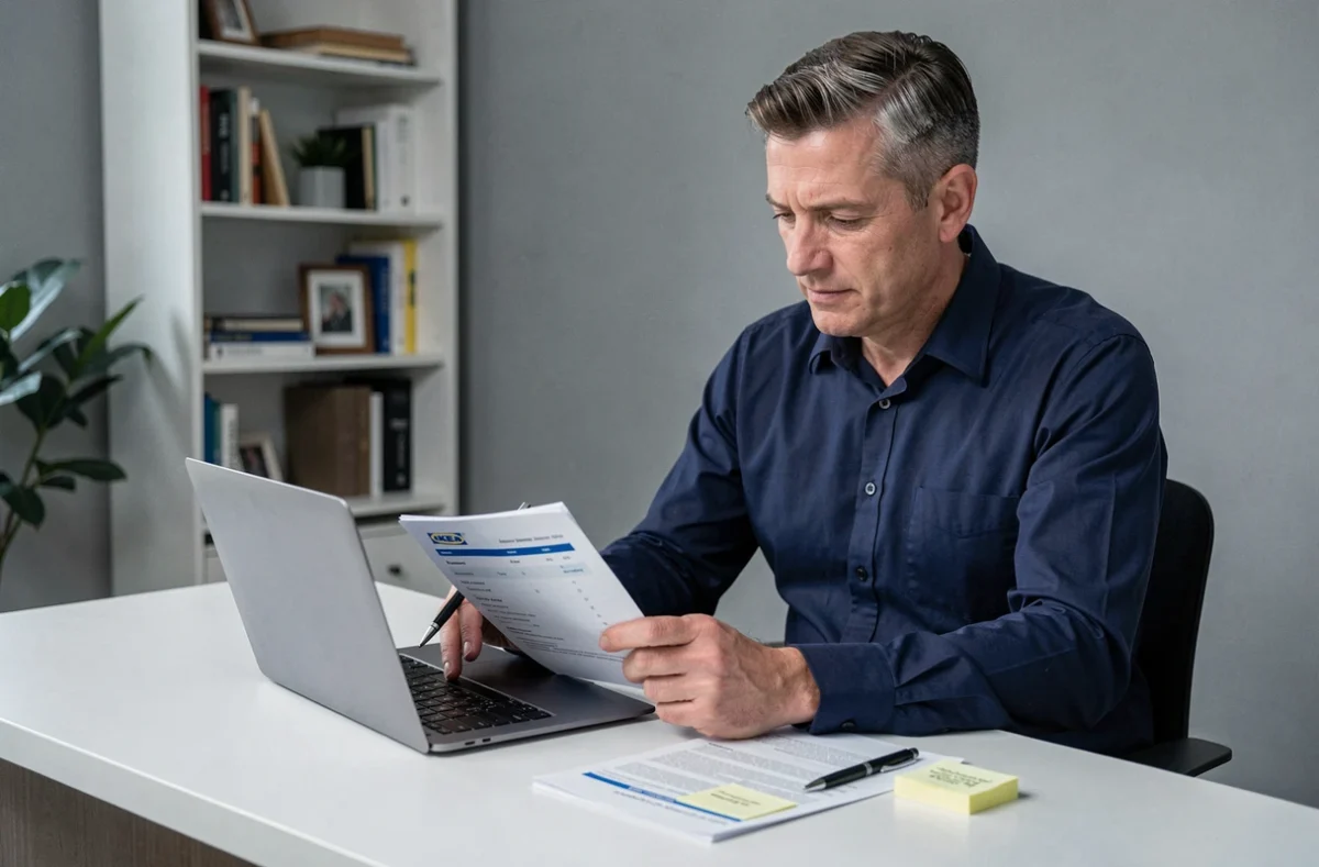 Homme analysant un relevé bancaire et un récapitulatif de financement IKEA sur son bureau