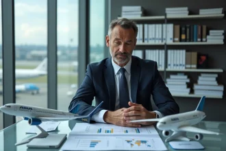 Analyste aéronautique en costume dans un bureau moderne