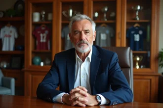 Portrait d'un ancien footballeur célèbre assis dans son bureau privé entouré de trophées et souvenirs de carrière