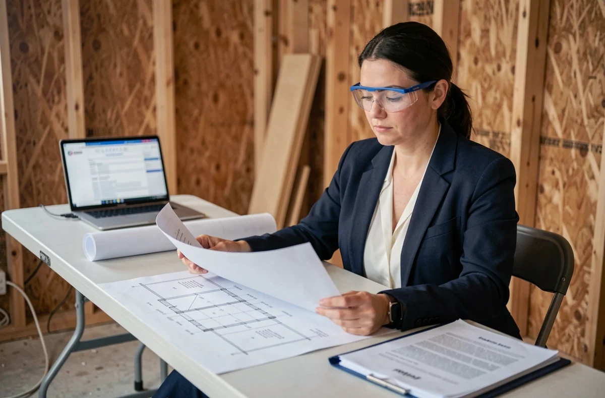 Architecte examinant des plans de construction et des documents contractuels liés à la garantie décennale