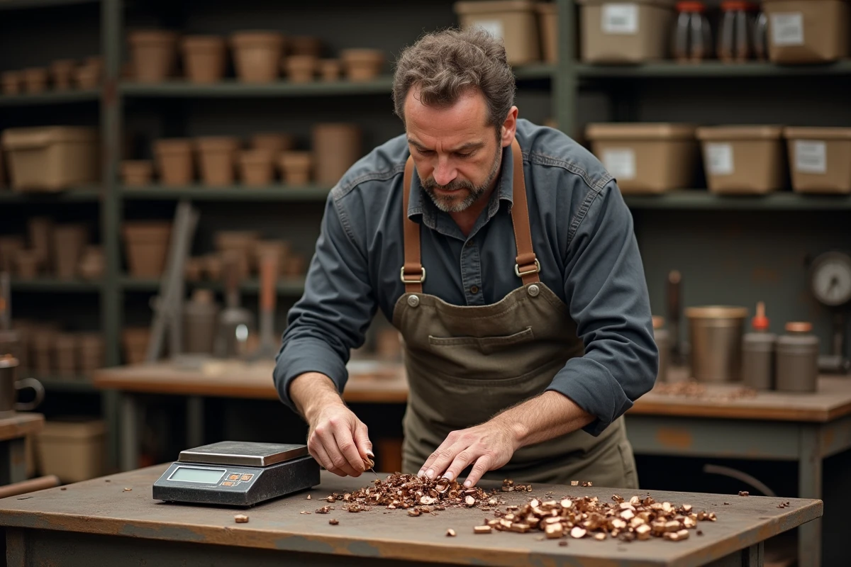 Artisan pesant des morceaux de bronze dans son atelier