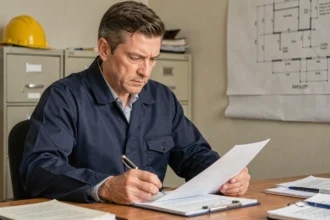 Artisan du bâtiment signant son attestation d'assurance décennale dans un bureau professionnel