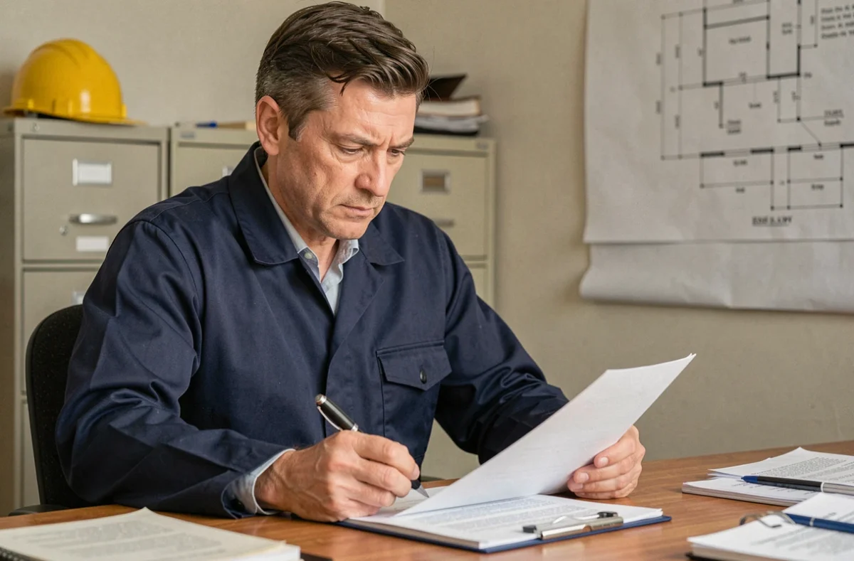 Artisan du bâtiment signant son attestation d'assurance décennale dans un bureau professionnel
