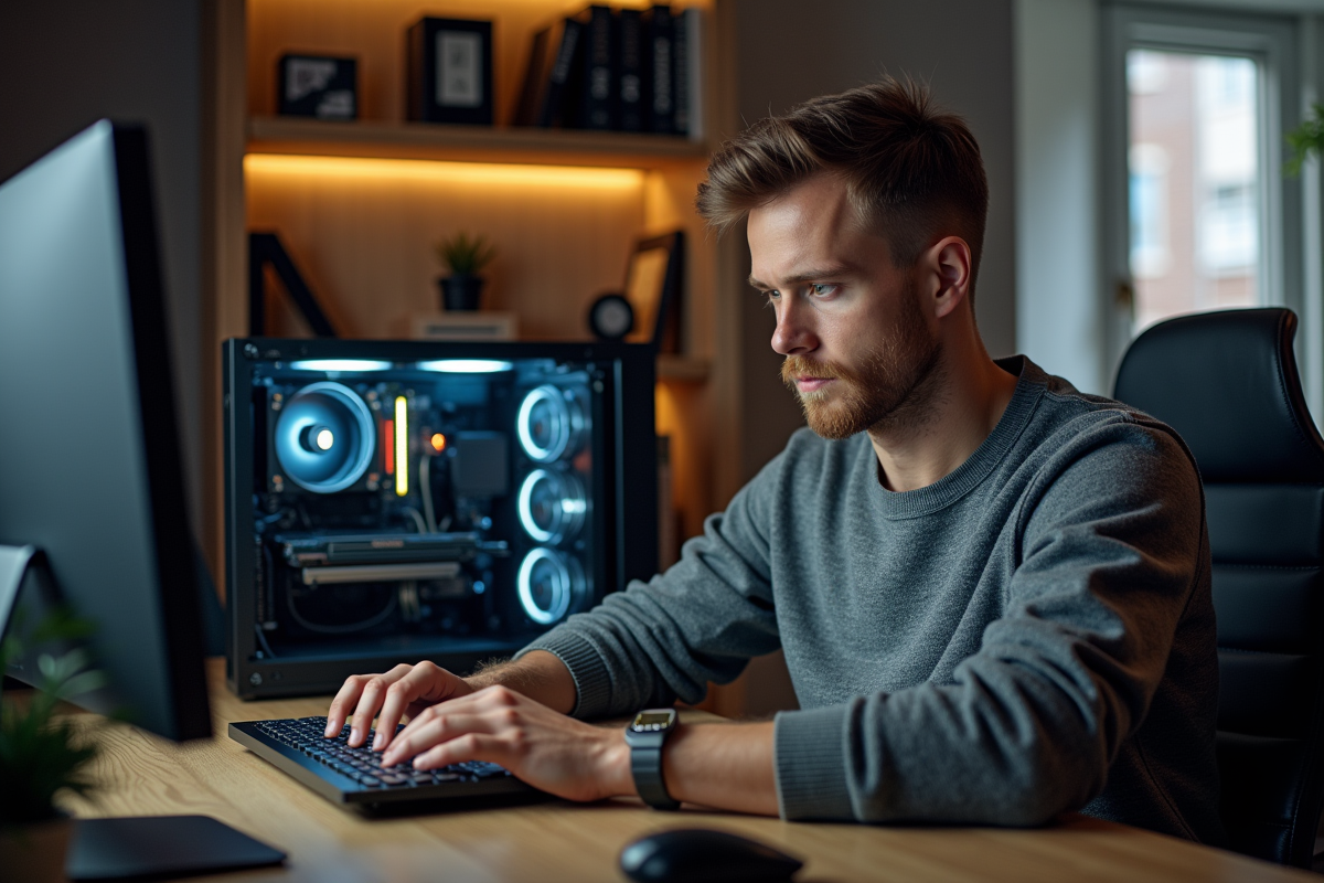 Jeune homme concentré assemble un ordinateur pour minage Bitcoin