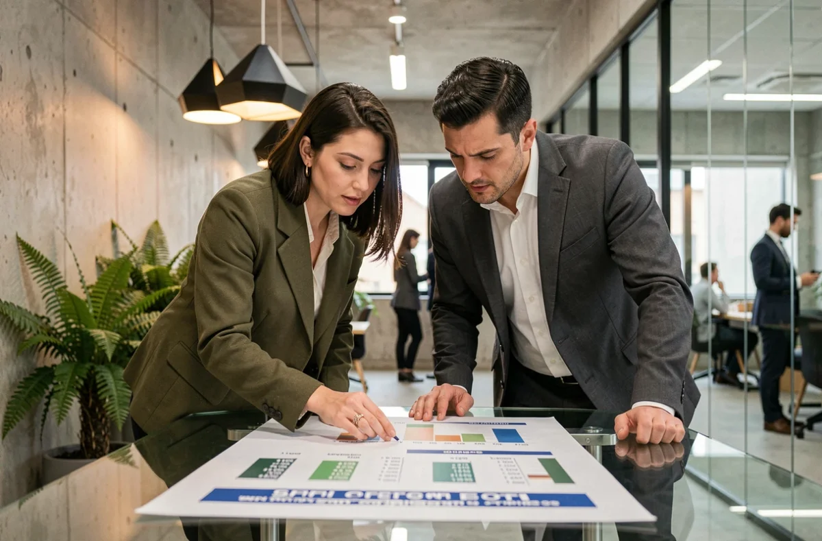 Deux associés analysant un graphique de performance de SCPI dans un espace de coworking moderne