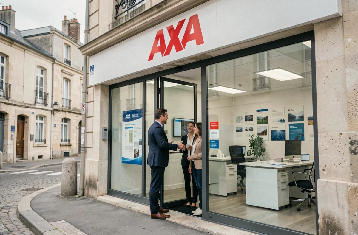 Agent AXA dans la Loire accueillant des clients devant son agence avec le logo rouge AXA