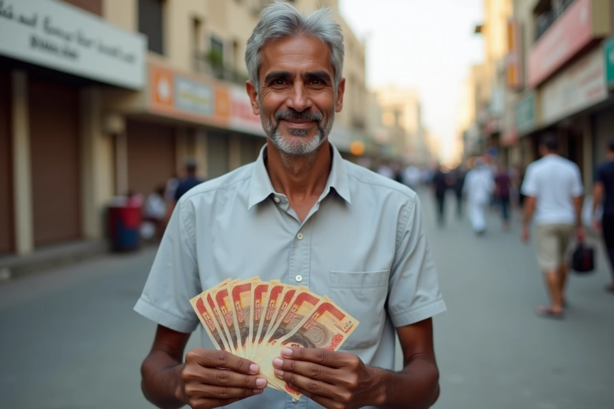 Homme tenant des billets de dirhams émiratis dans le quartier de Deira à Dubaï