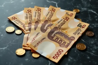 Billets et pièces de dirham des Émirats arabes unis étalés sur une surface en marbre sombre