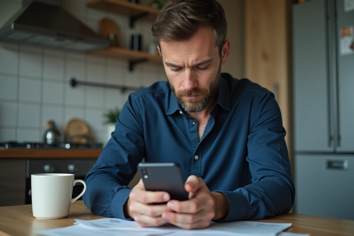 Homme utilisant une application bancaire mobile pour bloquer un paiement récurrent non désiré depuis son téléphone