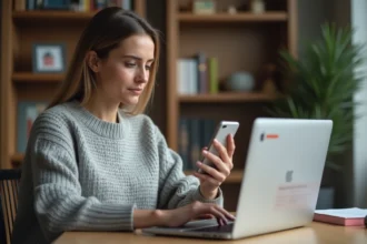 Femme consultant son application bancaire en ligne pour bloquer un prélèvement REMISEREDUC sur ordinateur portable