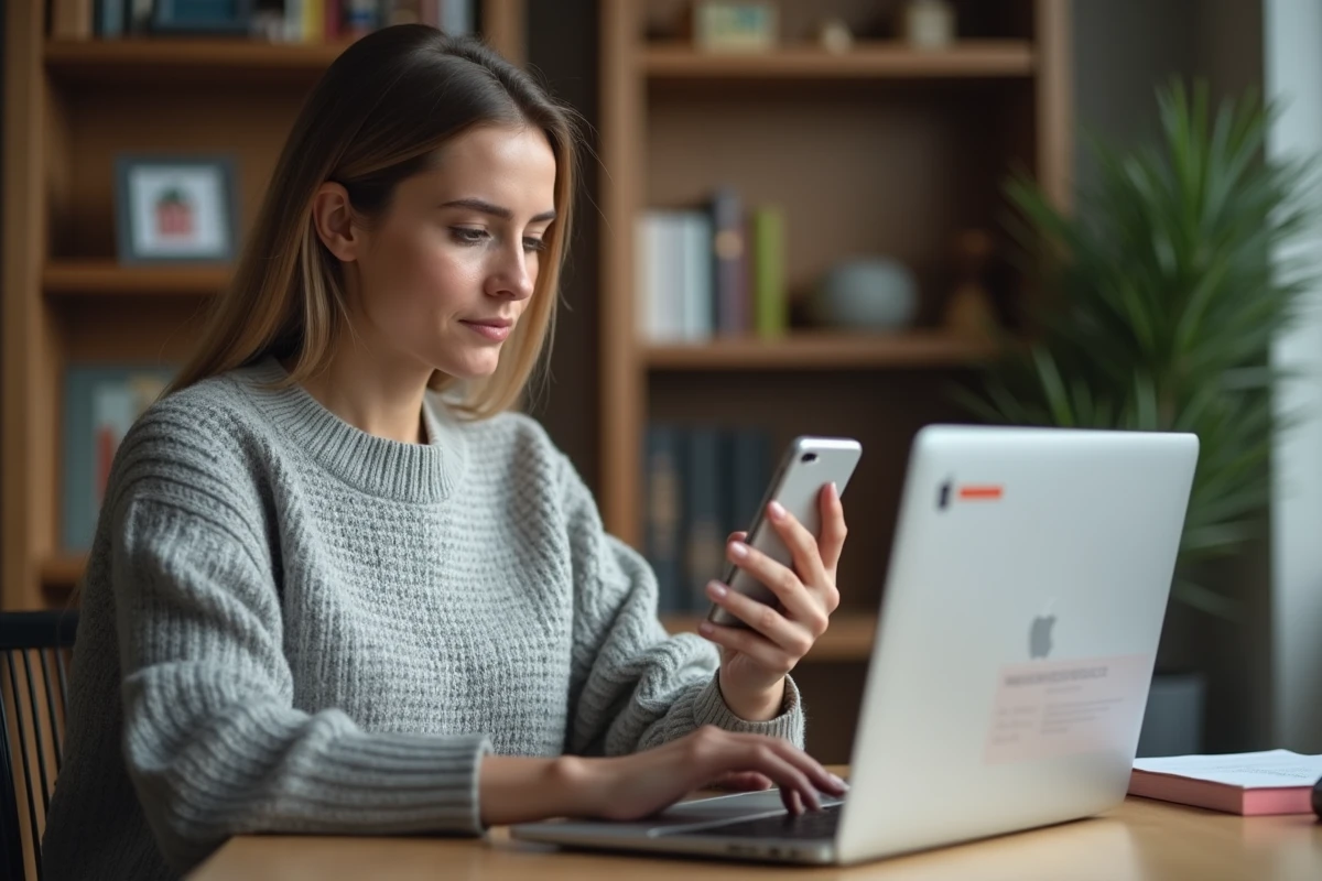 Femme consultant son application bancaire en ligne pour bloquer un prélèvement REMISEREDUC sur ordinateur portable