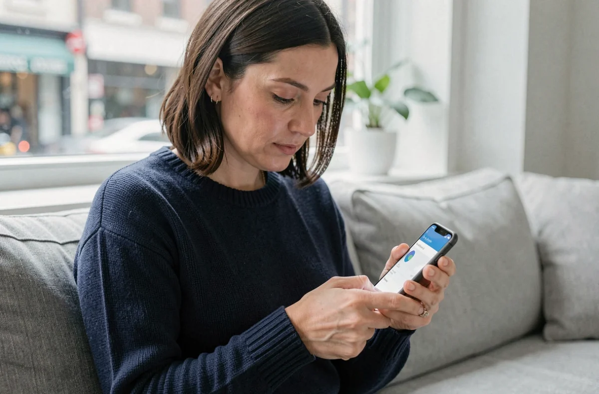 Femme consultant l'application mobile Cyberplus BPVF sur smartphone depuis son salon