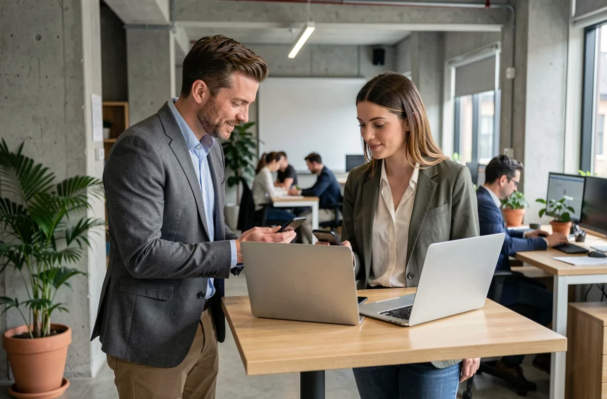 Deux collègues comparant l'utilisation de Cyberplus BPVF sur ordinateur et smartphone dans un espace de coworking