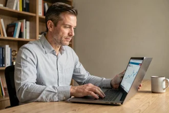 Homme utilisant l'interface bancaire Cyberplus BPVF sur un ordinateur portable à son bureau à domicile