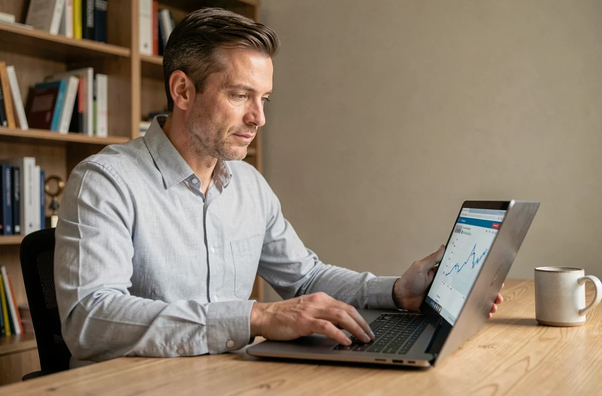 Homme utilisant l'interface bancaire Cyberplus BPVF sur un ordinateur portable à son bureau à domicile