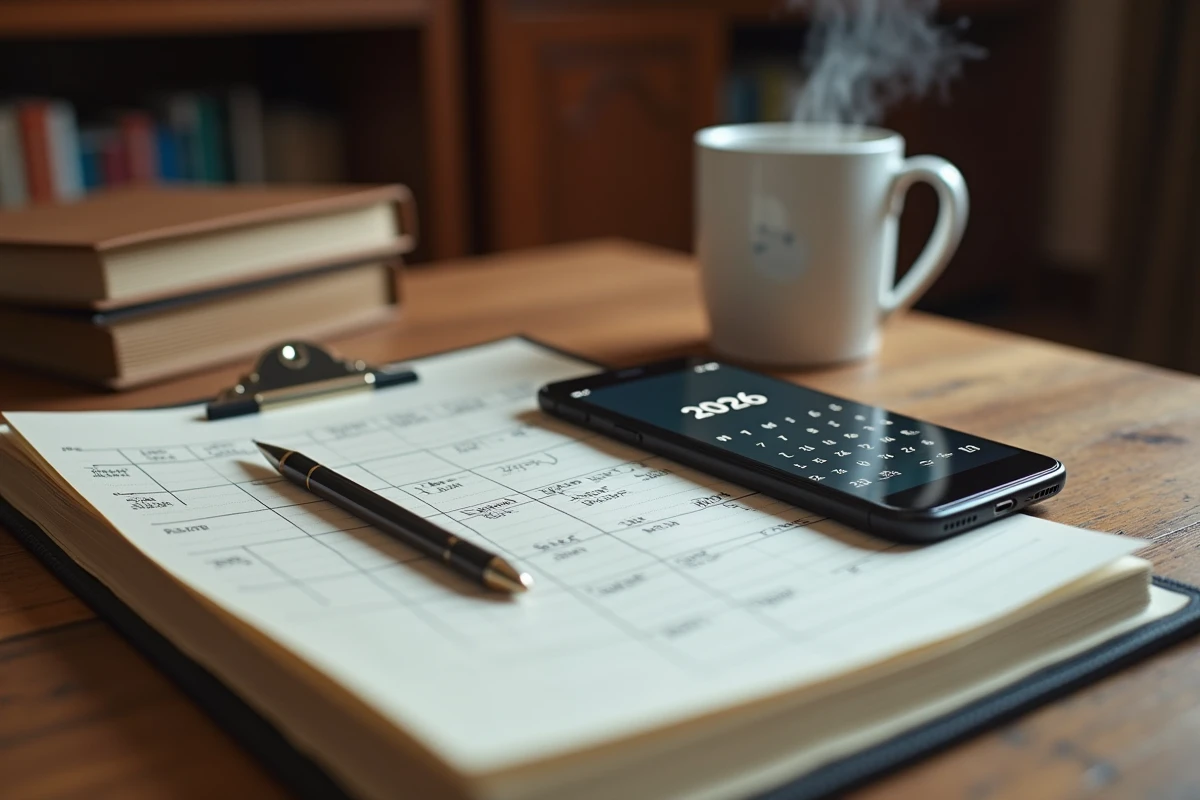 Bureau de chef d'entreprise avec agenda fiscal 2026, notes manuscrites et relevés comptables pour la préparation du bilan annuel de PME