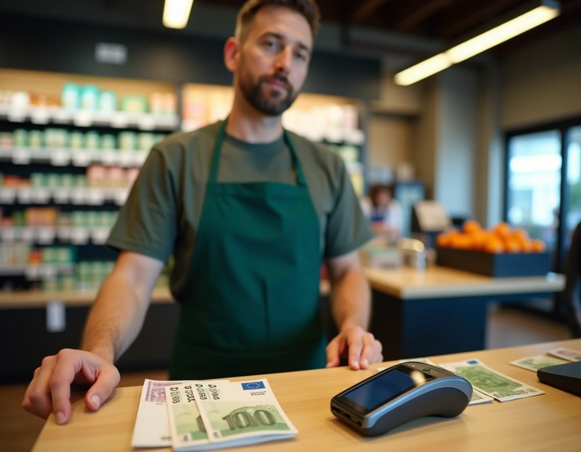 Caissier de supermarché face à un terminal de paiement et des billets de banque, illustrant la coexistence du cash et du numérique