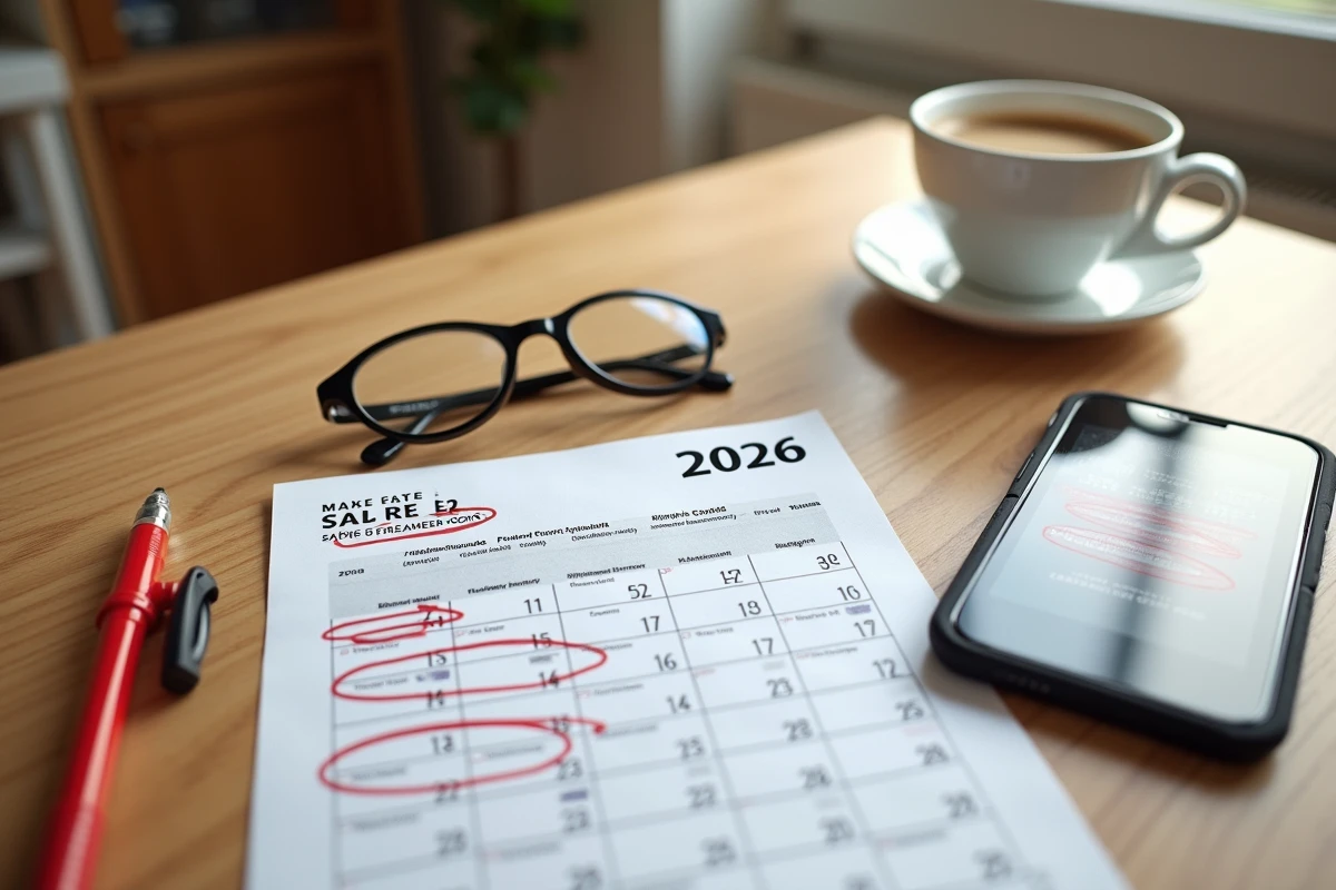 Calendrier des virements de salaire 2026 des enseignants annoté sur une table avec smartphone et café