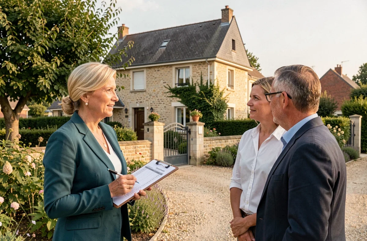 Carole Corbisier, conseillère iad France, présentant un bien immobilier locatif à des clients devant une maison en Seine-et-Marne