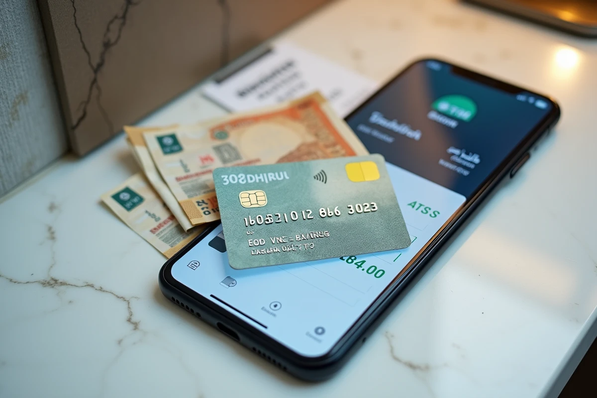Carte bancaire, dirhams et reçu de retrait posés sur un comptoir à Dubaï