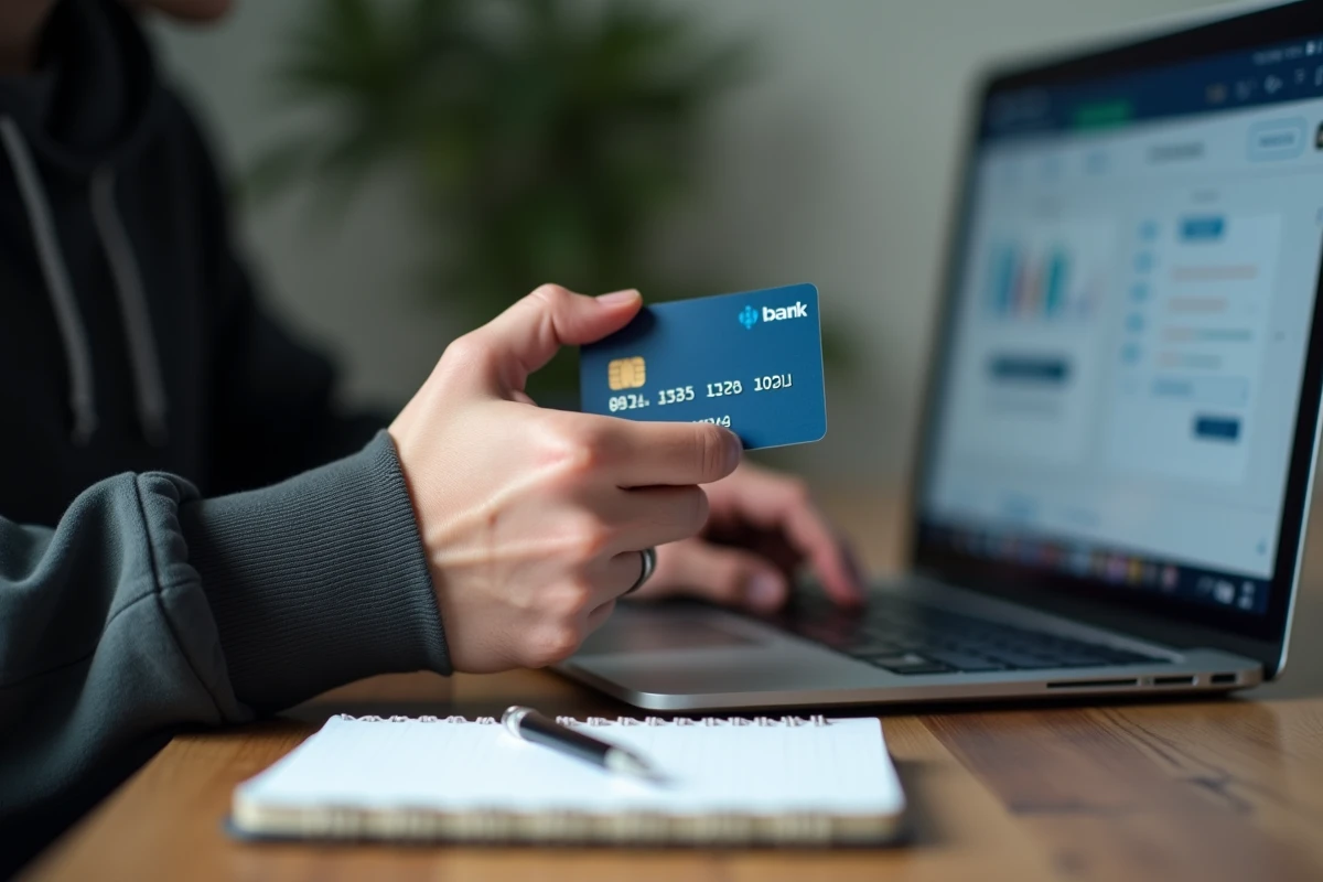 Gros plan sur une carte bancaire virtuelle Virtualis tenue en main devant un écran de portail bancaire CMB