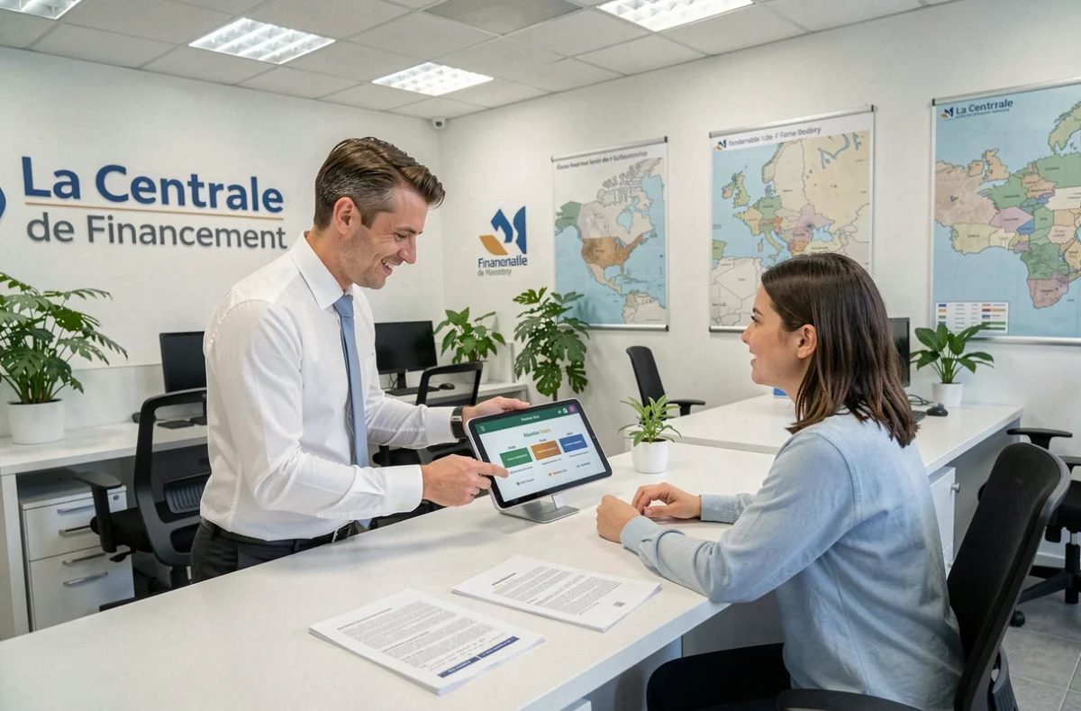 Conseiller de La Centrale de Financement Oise présentant des offres de prêt immobilier à des clients