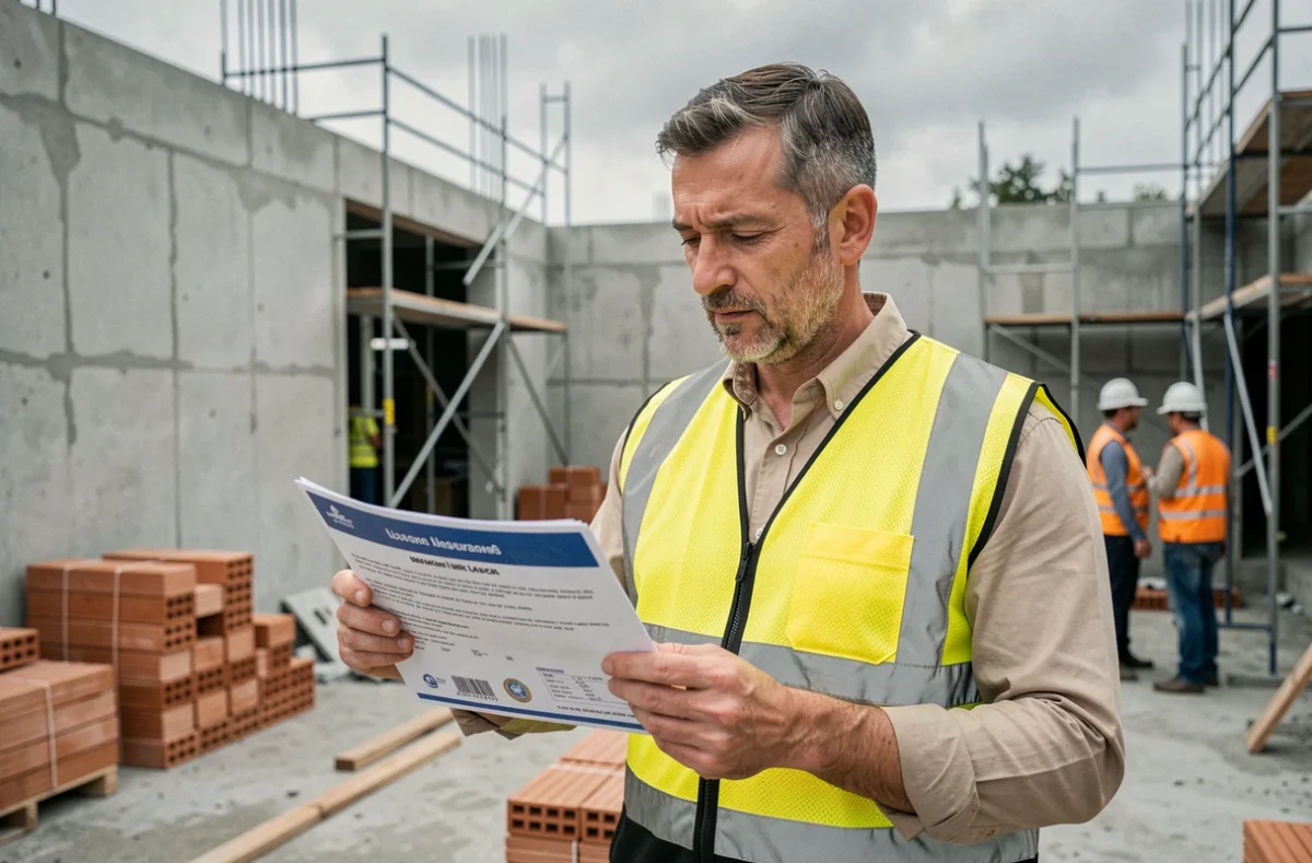 Chef de chantier vérifiant son attestation d'assurance décennale sur un chantier de construction