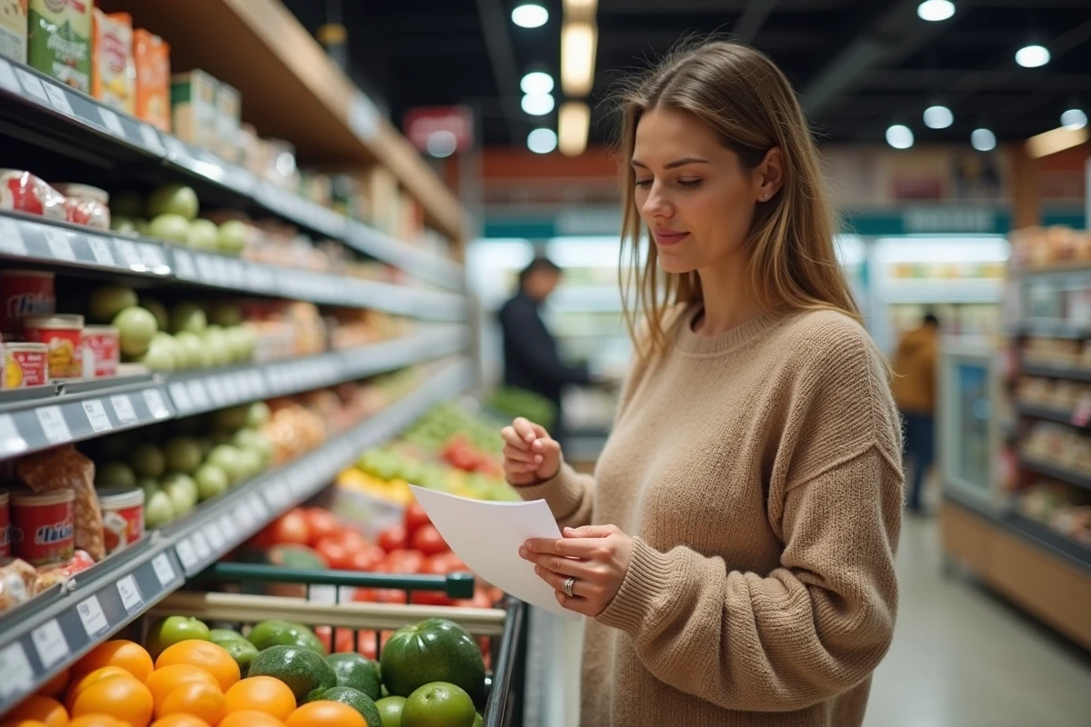 Femme tenant un chèque différé à la caisse d'un supermarché Cora lors de ses courses
