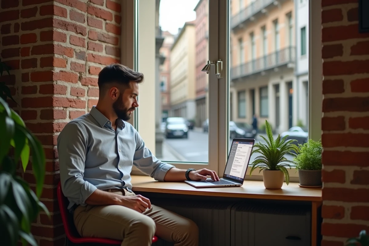 Homme expatrié gérant ses comptes Société Générale depuis son appartement à l'étranger sur ordinateur portable
