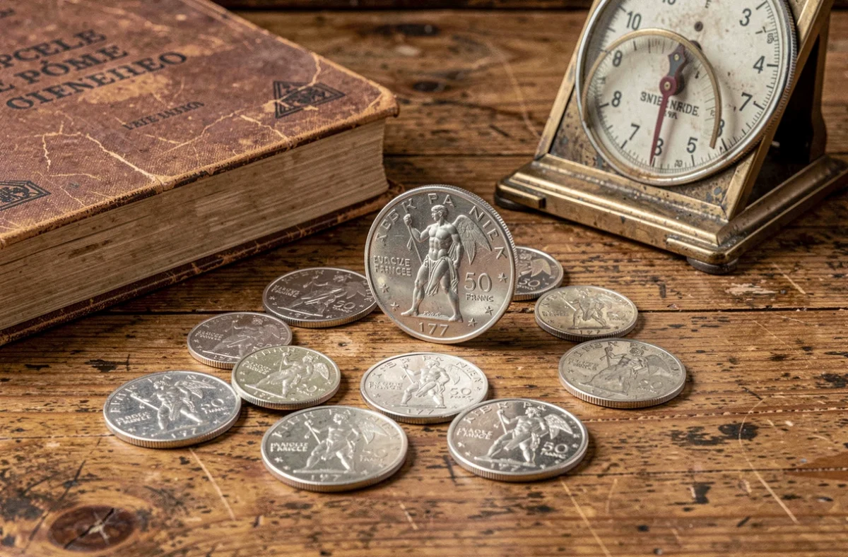 Plusieurs pièces de 50 francs 1977 étalées sur table ancienne avec guide de cotation et balance de bijoutier