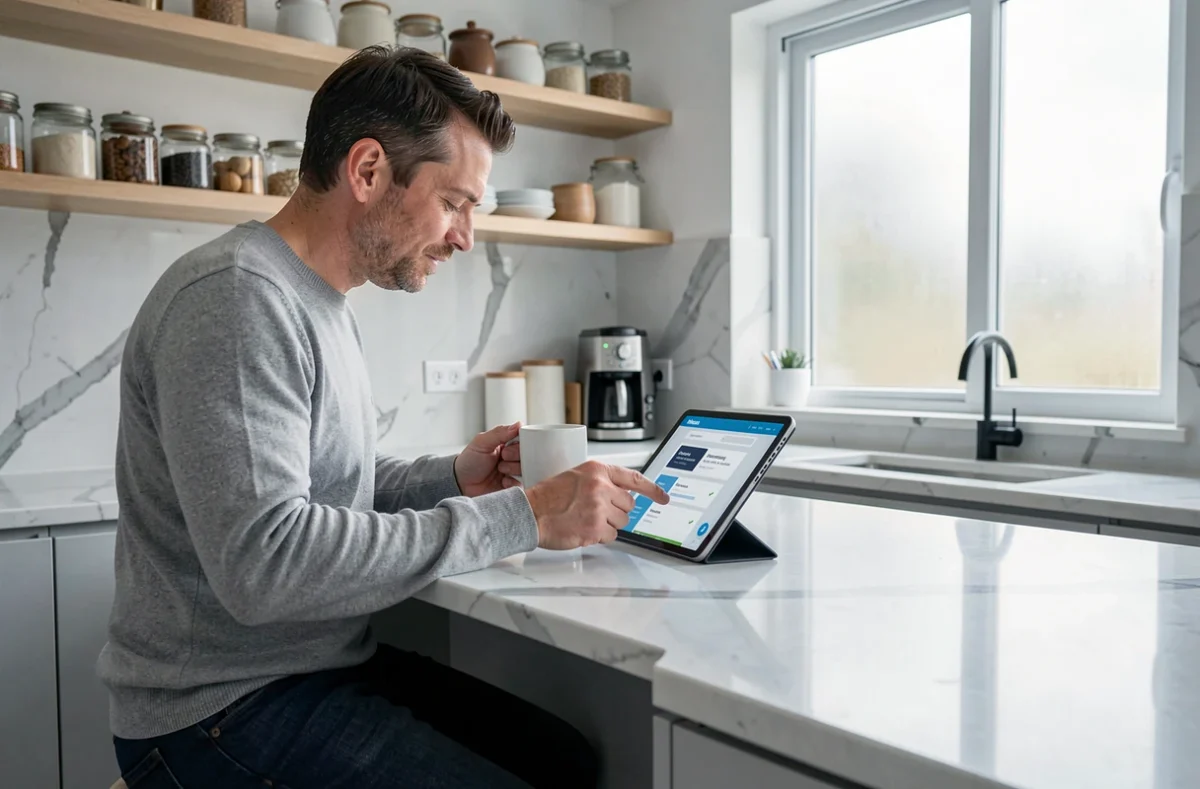 Homme comparant des offres d'assurance sur une tablette depuis son domicile grâce à inaxa Courtage