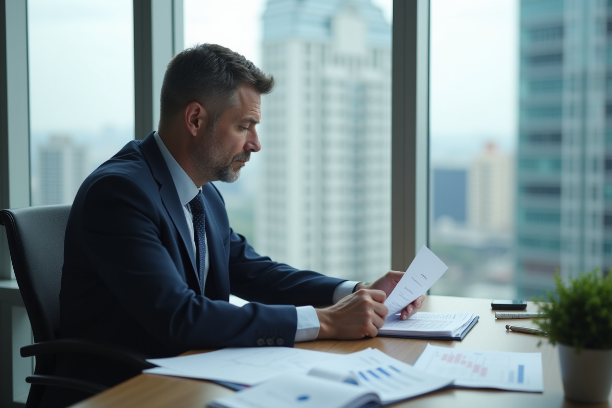 Homme comptable en costume bleu dans un bureau moderne