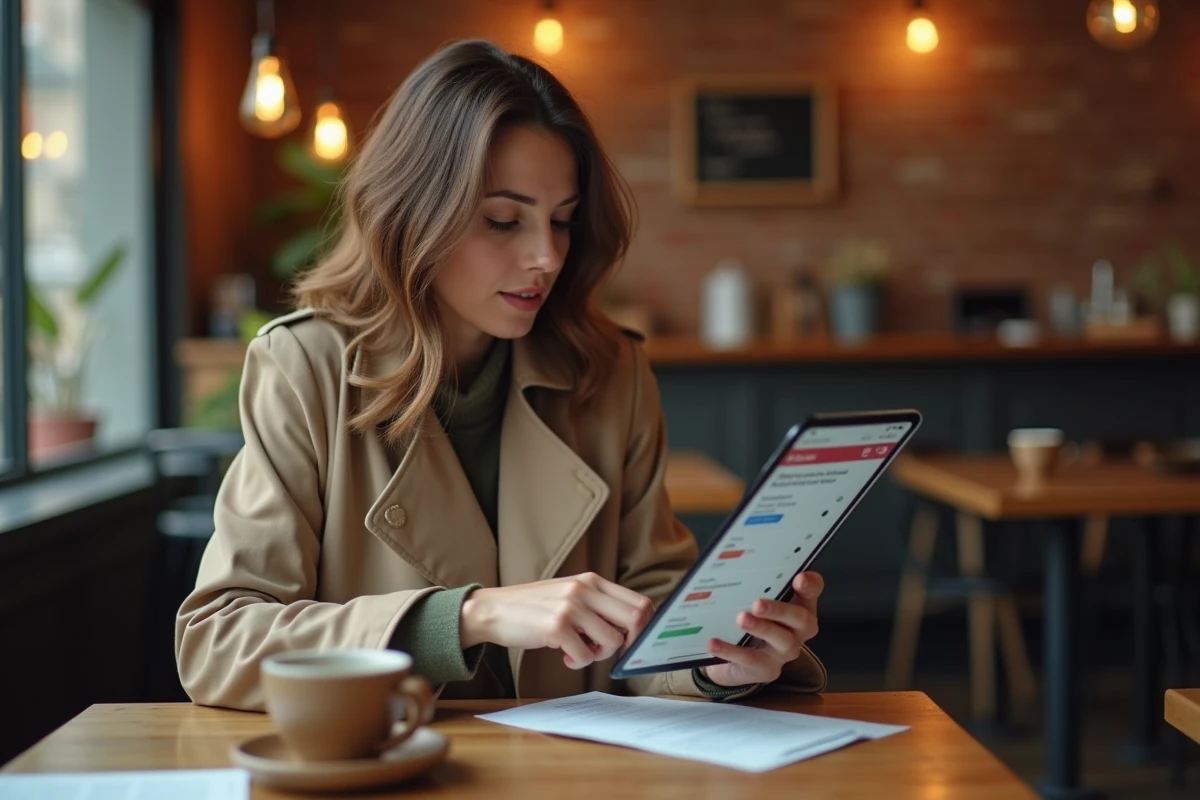 Jeune femme configurant les alertes de son compte Crédit Agricole Centre Loire sur une tablette dans un café urbain