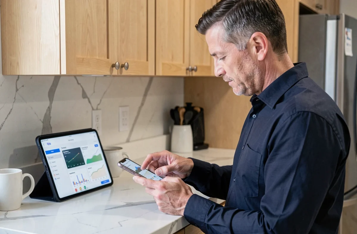 Homme configurant la double authentification de son compte LCL depuis sa cuisine avec smartphone et tablette