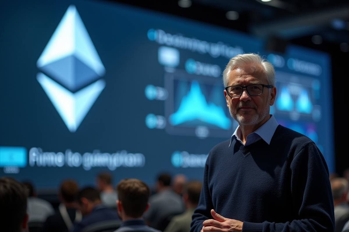 Scientifique présentant devant un logo Ethereum lors d