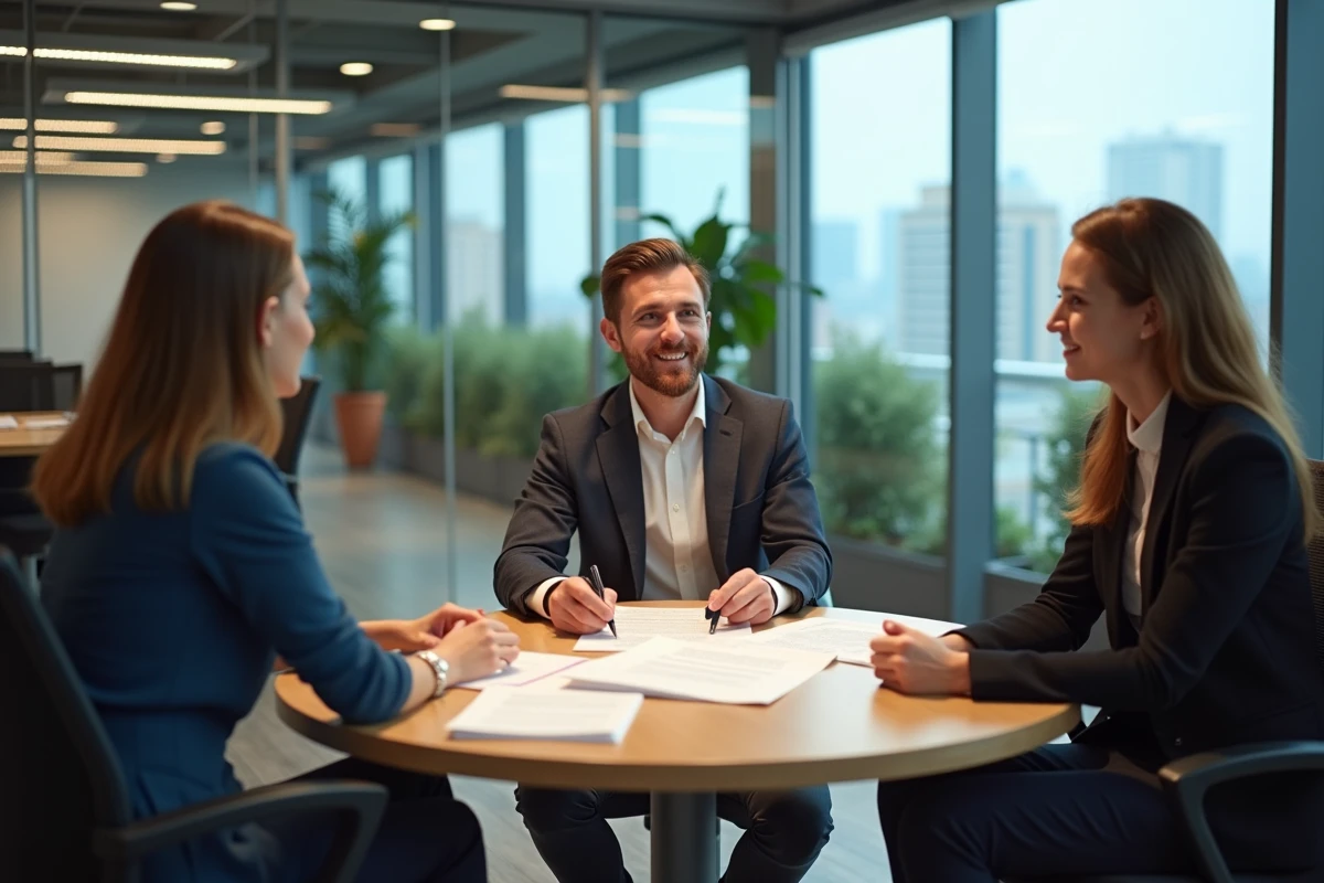 Professionnels discutant de leurs droits au chômage avec un conseiller après une carrière à l'international