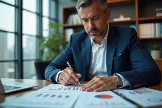 Conseiller financier analysant les rendements SCPI sur des documents imprimés dans un bureau professionnel moderne