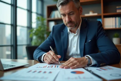 Conseiller financier analysant les rendements SCPI sur des documents imprimés dans un bureau professionnel moderne