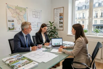 Conseiller en investissement locatif présentant des opportunités immobilières à un couple dans une agence moderne de Seine-et-Marne
